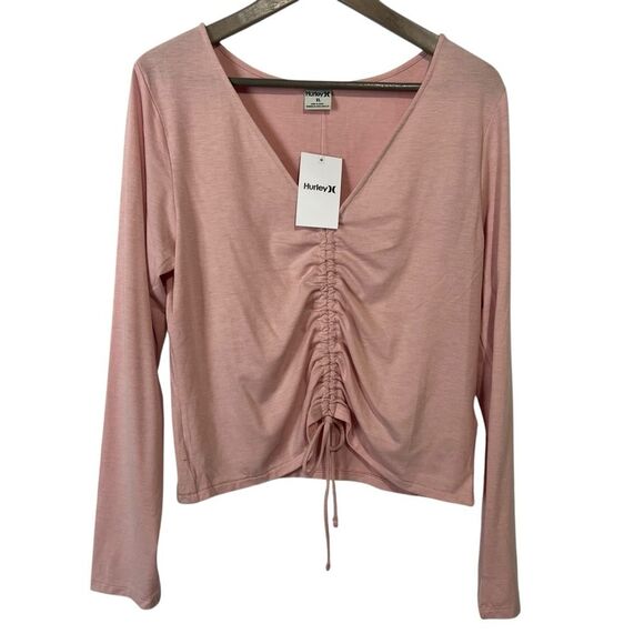 Hurley Juniors' So Caught Up Ruched Cropped Tie Top Size XL Pink - Picture 2 of 5